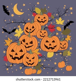 Many of Jack s lamps on a purple background with stars and leaves. Three silhouettes of bats and the moon. Branches peek out from under the pumpkins. Vector graphics
