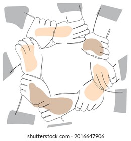 many join hands as a together continuous line drawing. minimalist