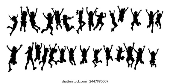 Many kid jumping cheerfully on grass, kids Jumping Silhouette, Vector silhouette of children playing