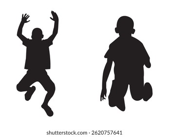 Many kid jumping cheerfully on grass, kids Jumping Silhouette, Vector silhouette of children playing 