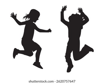 Many kid jumping cheerfully on grass, kids Jumping Silhouette, Vector silhouette of children playing 