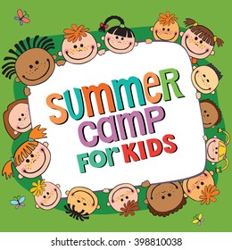 Many Kids Around The Banner, Lettering Summer Camp, Vector Illustration.