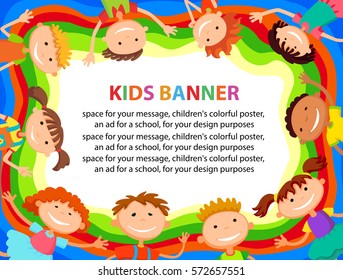 many kids around the banner, template , Vector child illustration.