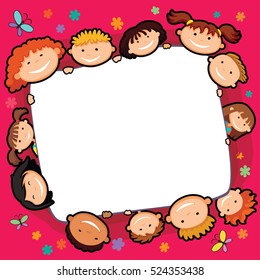 many kids around the red banner, template , Vector illustration.