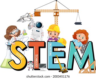 Many kids cartoon character with STEM education font illustration