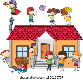 Many kids doing different activities around the house illustration