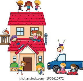 Many kids doing different activities around the house illustration