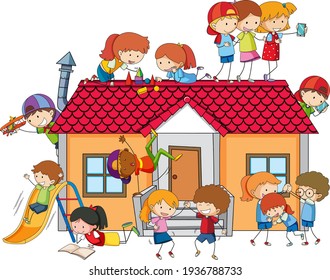 Many kids doing different activities around the house illustration