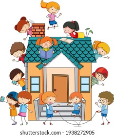 Many kids doing different activities around the house illustration
