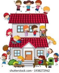 Many kids doing different activities around the house illustration