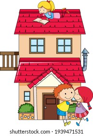 Many kids doing different activities around the house illustration
