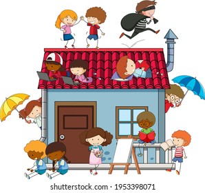 Many kids doing different activities around the house illustration