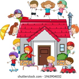 Muchos niños haciendo diferentes actividades alrededor de la ilustración de la casa