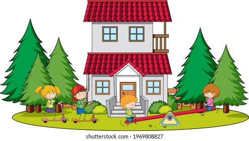 Many kids doing different activities around the house illustration