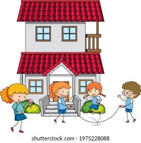 Many kids doing different activities around the house illustration