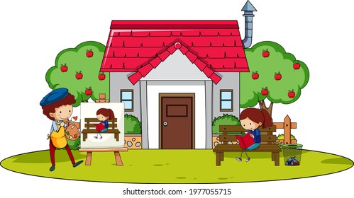 Many kids doing different activities around the house illustration