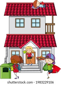Many kids doing different activities around the house illustration