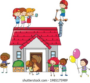 Many kids doing different activities around the house illustration