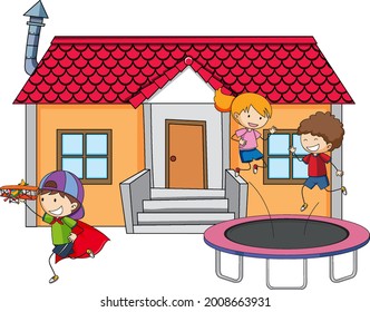 Many kids doing different activities around the house illustration