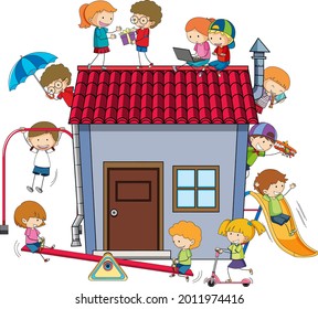 Many kids doing different activities around the house illustration