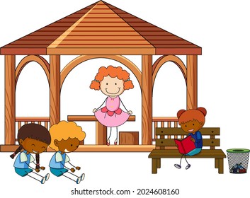 Many kids doing different activities in gazebo  illustration