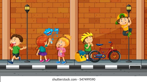 Many Kids Doing Different Activities On The Street Illustration