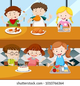 Many kids eating in the canteen illustration