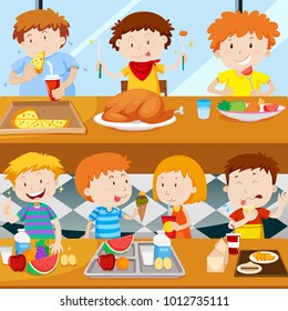 Many kids eating in the canteen illustration