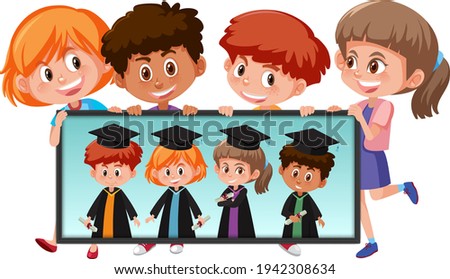 Many kids holding their graduation photo illustration