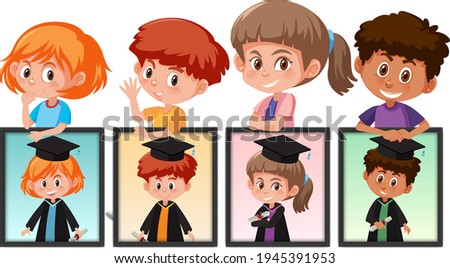 Many kids holding their graduation photos illustration