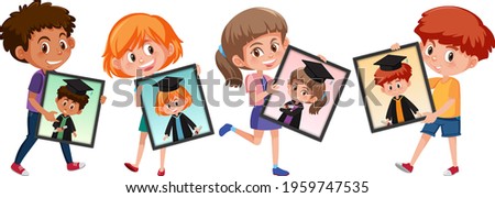 Many kids holding their portrait graduation photos illustration