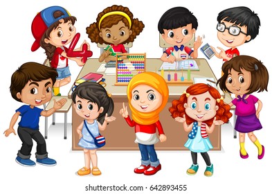 Many Kids Learning Math In Classroom Illustration