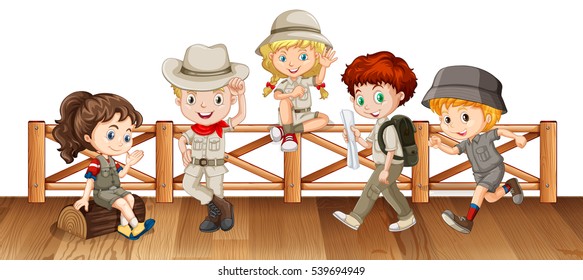 Many kids  on the wooden bridge illustration