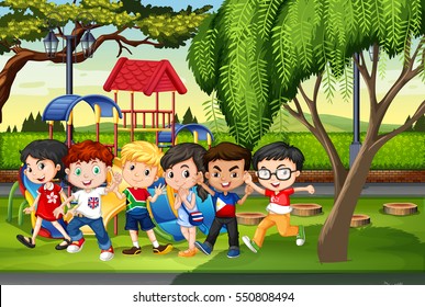 Many kids in the park illustration