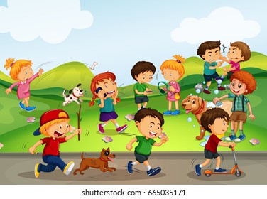 Many kids playing in the field illustration