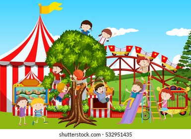 Many kids playing in the fun park illustration