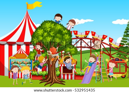 Many kids playing in the fun park illustration
