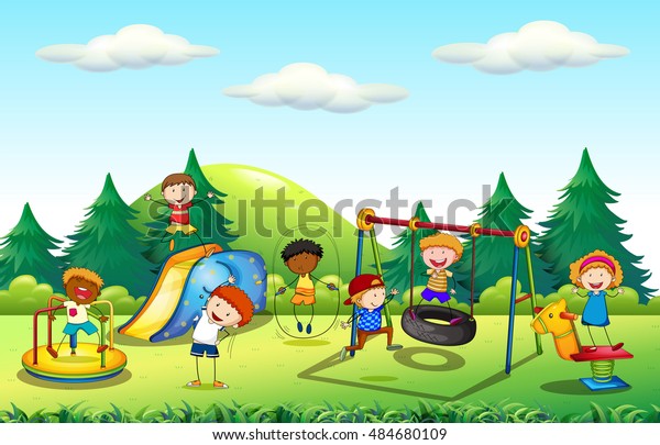 Many Kids Playing Playground Illustration Stock Vector Royalty Free