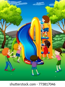 Many kids playing slide in the park illustration