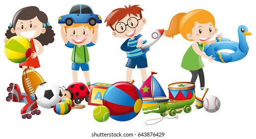 Many kids playing with toys illustration