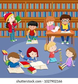 Many kids reading books in library illustration