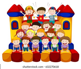 Many kids sitting on bounching house illustration