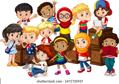 Many kids sitting on wooden boxes illustration