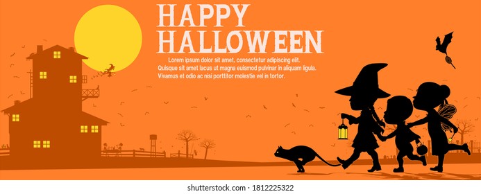 Many kids are traveling in the Halloween night. There are 3 unique layer (black,dark orange,yellow) on orange background. Easy to change color which you want
