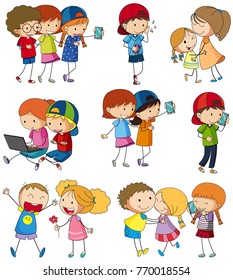 Many kids using computer and cellphone illustration