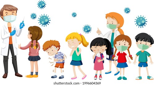 Many kids waiting in queue to get covid-19 vaccine on white background illustration