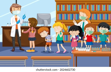 Many kids waiting in queue to get covid-19 vaccine in the hospital scene illustration
