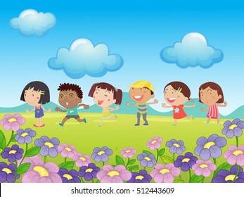 Many kids walking in the park illustration