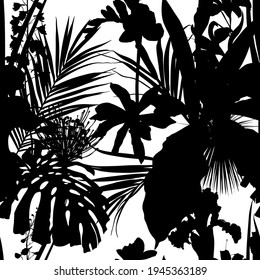 Many kind of garden flowers and leaves. Detailed outline black silhouette sketch.