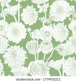 Many kind of garden line flower illustration. Green white line seamless pattern.